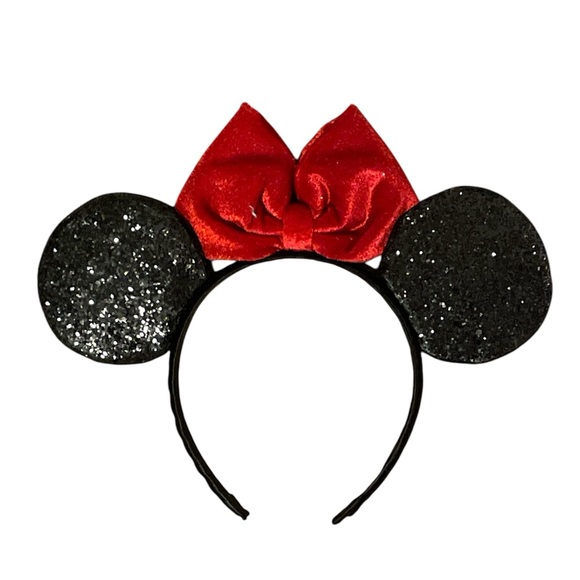 Minnie Mouse Ears Disney Parks Black Sequin w/Red Velveteen Bow Headband - Picture 1 of 3